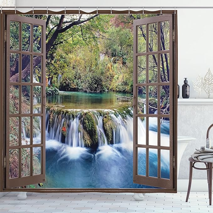 Ambesonne Waterfall Shower Curtain, Wide Waterfall Deep Down in The Forest Seen from a City Window Epic Surreal Print, Cloth Fabric Bathroom Decor Set with Hooks, 69" W x 70" L, Forest Green