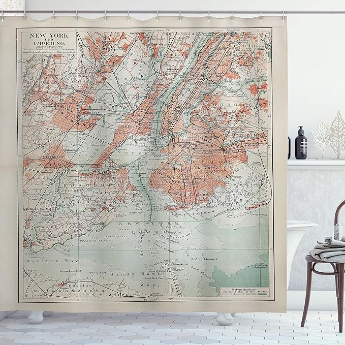 Ambesonne NYC Shower Curtain, New York Old Map from End of 19th Century History Historical Antiques, Cloth Fabric Bathroom Decor Set with Hooks, 69" W x 75" L, Turquoise Beige