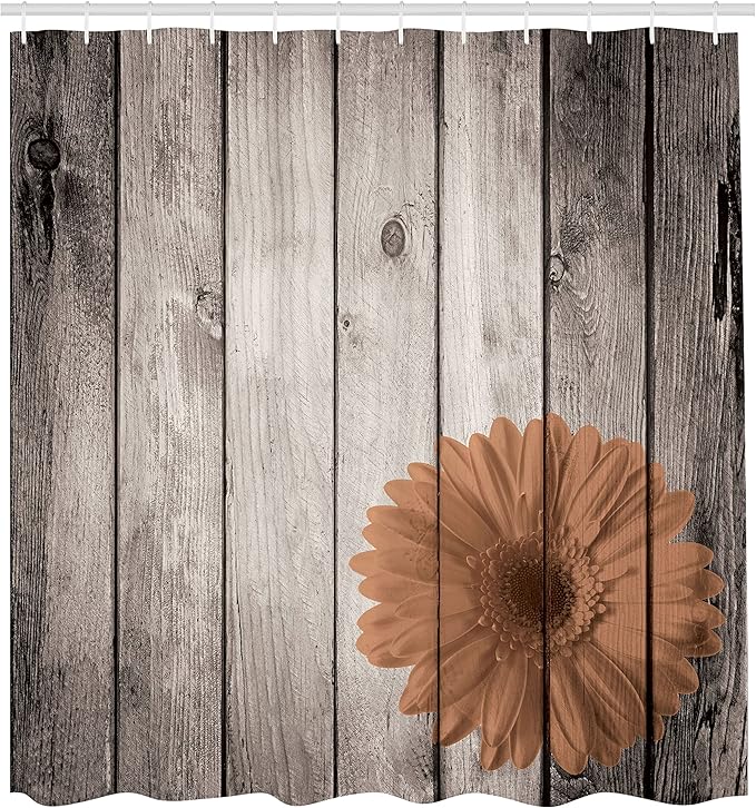 Ambesonne Rustic Shower Curtain, Flower Red Dahlia on Foreground of Murky Featured Dated Wooden Board Retro Art Print, Cloth Fabric Bathroom Decor Set with Hooks, 69" W x 75" L, Almond