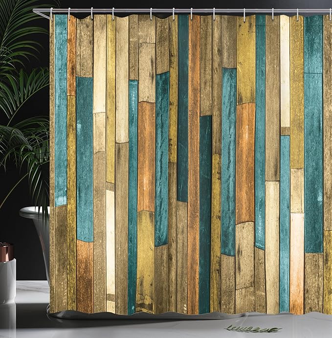 Ambesonne Wooden Print Shower Curtain, Brown Old Hardwood Floor Plank Grunge Lodge Garage Natural Rural Graphic, Cloth Fabric Bathroom Decor Set with Hooks, 69" W x 70" L, Cadet Blue