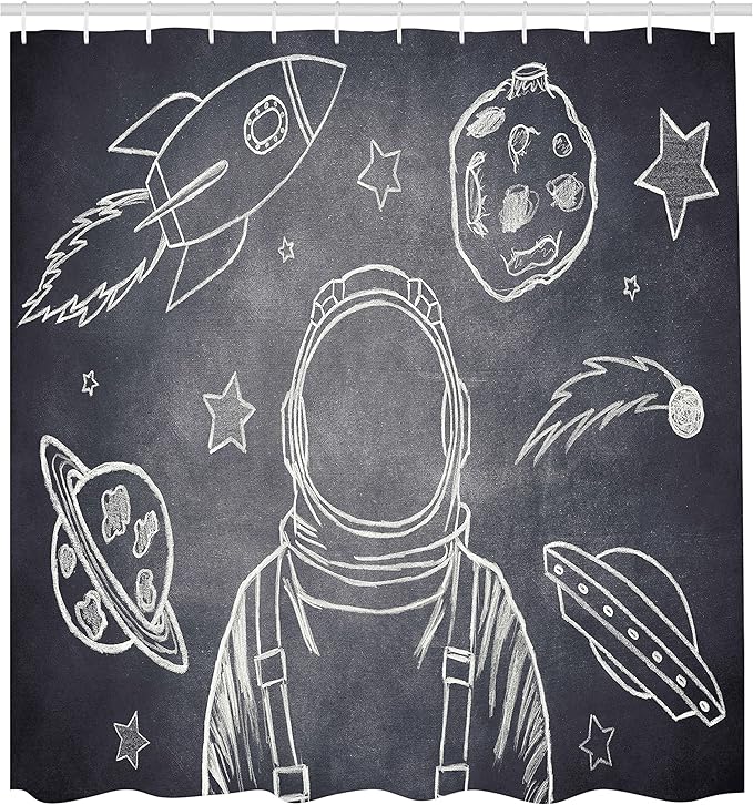 Ambesonne Modern Shower Curtain, Space Backdrop with Planets and Sketchy Astronaut Asteroids in The Galaxy an Image of an Illustration, Cloth Fabric Bathroom Set with Hooks, 69" W x 70" L, Grey Blue