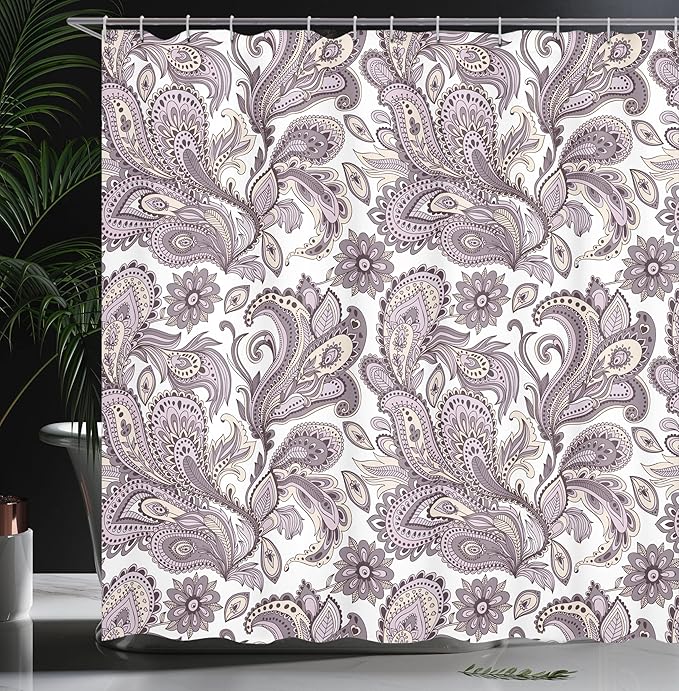 Ambesonne Paisley Shower Curtain, Ethnic Art Swirly Flowers Leaves Floral Pattern Bohemian Style Country Print, Cloth Fabric Bathroom Decor Set with Hooks, 69" W x 70" L, Mauve Taupe Ivory
