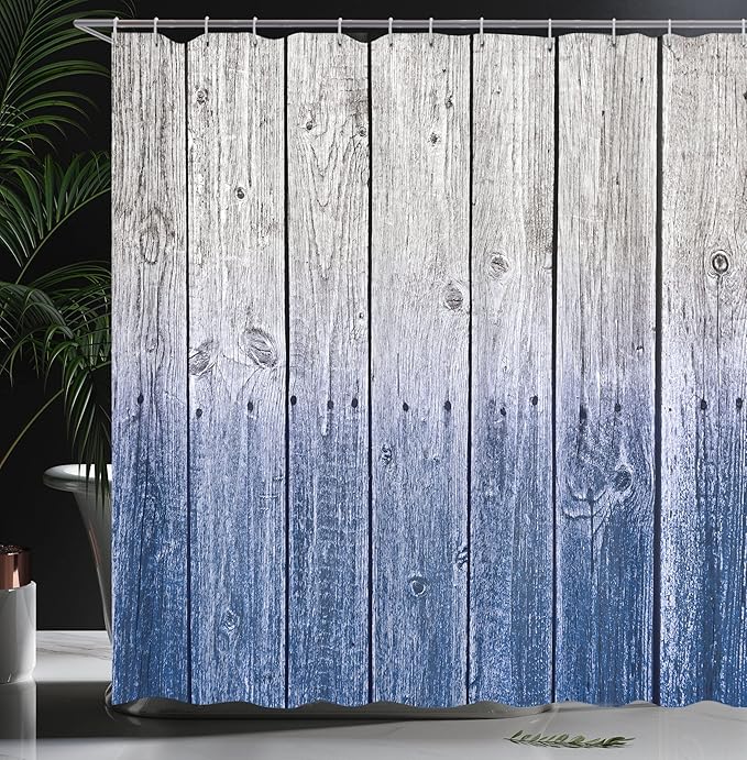 Ambesonne Rustic Shower Curtain, Wood Panels Background with Digital Tones Effect Country House Image, Cloth Fabric Bathroom Decor Set with Hooks, 69" W x 70" L, Cobalt Grey