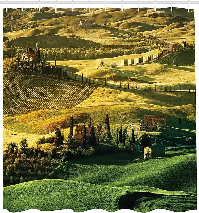 Ambesonne Tuscan Shower Curtain, Peaceful Landscape of Pienza Tuscany Vineyard Trees Meadow Hill House, Cloth Fabric Bathroom Decor Set with Hooks, 69" W x 70" L, Green and Khaki