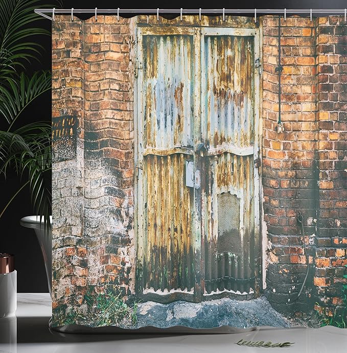 Ambesonne Rustic Shower Curtain, Dilapidated Door Gate Entrance to Old Brick Wall Abandoned Factory Urban Design Print, Cloth Fabric Bathroom Decor Set with Hooks, 69" W x 75" L, Grey Brown
