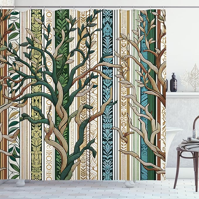 Ambesonne Striped Shower Curtain, Bold Intricate Pinstriped Trees on Vertical Damask Tribal Stripes, Cloth Fabric Bathroom Decor Set with Hooks, 69" W x 84" L, Pale Brown Green Sea Blue