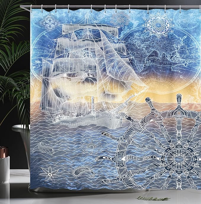 Ambesonne Mandala Shower Curtain, Nautical Print with Mandala Patterns Explorer Ship Map of The World Steering Wheel Sails, Cloth Fabric Bathroom Decor Set with Hooks, 69" W x 75" L, Blue