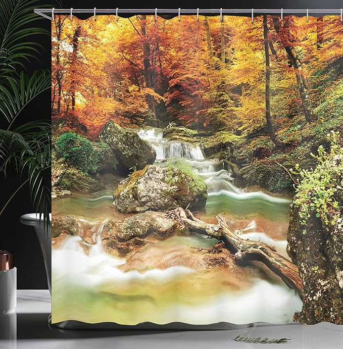 Ambesonne Waterfall Shower Curtain, Autumn Seasonal Woodland Creek Trees Foliage Rocks in Forest Image, Cloth Fabric Bathroom Decor Set with Hooks, 69" W x 70" L, Coffee Orange