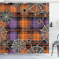 Ambesonne Halloween Shower Curtain, Rustic Horror Themed Classic Autumn Tones Buffalo Plaid with Spiders, Cloth Fabric Bathroom Decor Set with Hooks, 69" W x 84" L, Apricot Lilac Dark Grey