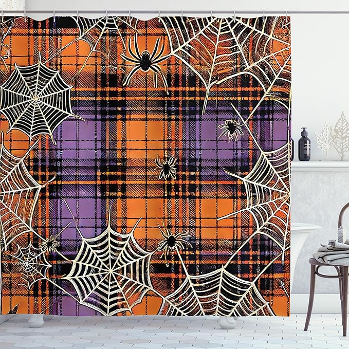 Ambesonne Halloween Shower Curtain, Rustic Horror Themed Classic Autumn Tones Buffalo Plaid with Spiders, Cloth Fabric Bathroom Decor Set with Hooks, 69" W x 75" L, Apricot Lilac Dark Grey