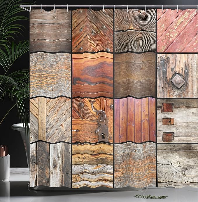 Ambesonne Antique Shower Curtain, Assortment of Different Wooden Architecture Elements Timber Door Key Print, Cloth Fabric Bathroom Decor Set with Hooks, 69" W x 84" L, Chocolate Brown