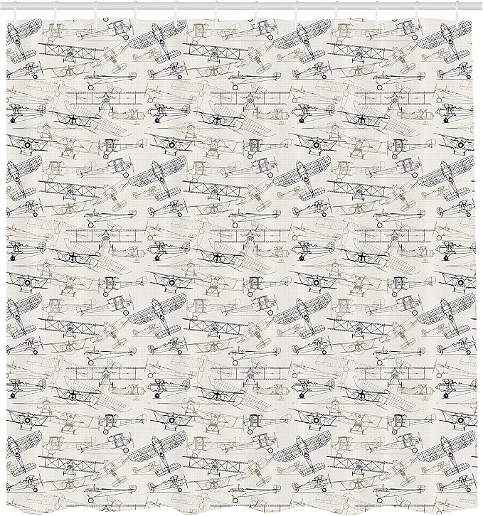 Ambesonne Airplane Shower Curtain, Old Fashioned Transportation Hand Drawn Style Vintage Pattern, Cloth Fabric Bathroom Decor Set with Hooks, 69" W x 70" L, Olive Green Tan