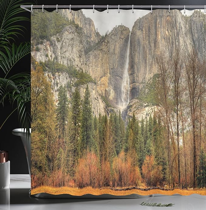 Ambesonne Yosemite Shower Curtain, Yosemite Falls Trees Mountain Cliff Autumn National Park California Nature Print, Cloth Fabric Bathroom Decor Set with Hooks, 69" W x 84" L, Orange Green