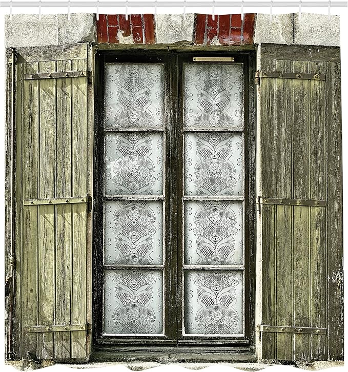 Ambesonne Country Shower Curtain, European French Window and Brick with an Antique Design Open The Shutters in a Vintage Style, Cloth Fabric Bathroom Decor Set with Hooks, 69" W x 84" L, White Brown