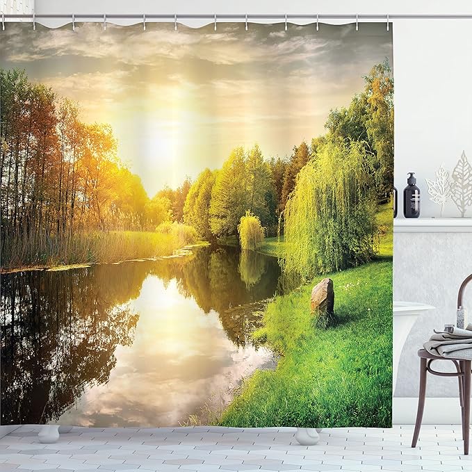 Ambesonne Landscape Shower Curtain, Sunset Over Calm River Grass Willow Trees Grass Rocks Reflection Clouds, Cloth Fabric Bathroom Decor Set with Hooks, 69" W x 75" L, Sand Green