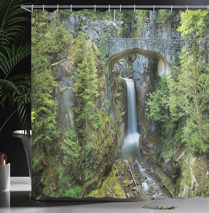 Ambesonne Mt Rainier Shower Curtain, Scenery Photo Christine Falls in Mount Rainier National Park America Picturesque, Cloth Fabric Bathroom Decor Set with Hooks, 69" W x 70" L, Sepia Green