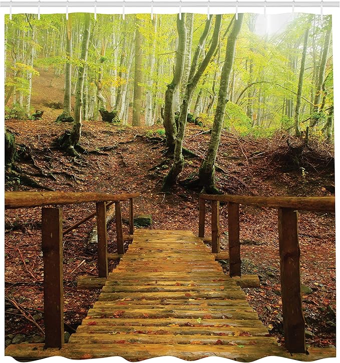 Ambesonne Landscape Shower Curtain, Weathered Old Wooden Bridge River to Footpath Birch Trees in Autumn, Cloth Fabric Bathroom Decor Set with Hooks, 69" W x 70" L, Brown Pale Green Peru