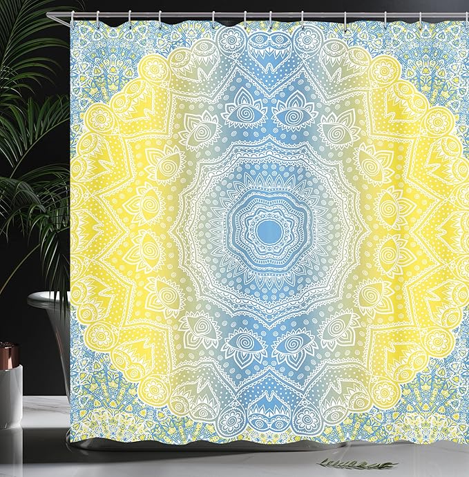 Ambesonne Blue and Yellow Shower Curtain, Ombre Mandala Design Tribal Chinese Esoteric Pattern Mystic Universe Print, Cloth Fabric Bathroom Decor Set with Hooks, 69" W x 70" L, Blue Yellow