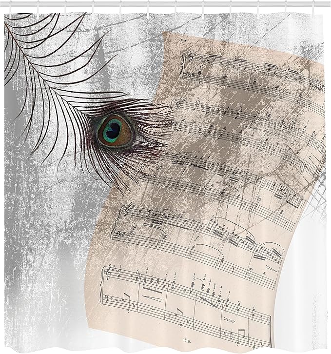 Ambesonne Peacock Shower Curtain, Music Notes Sheet Texture Animal Feather Evil Eye on Antique Style Musical Theme, Cloth Fabric Bathroom Decor Set with Hooks, 69" W x 70" L, Beige