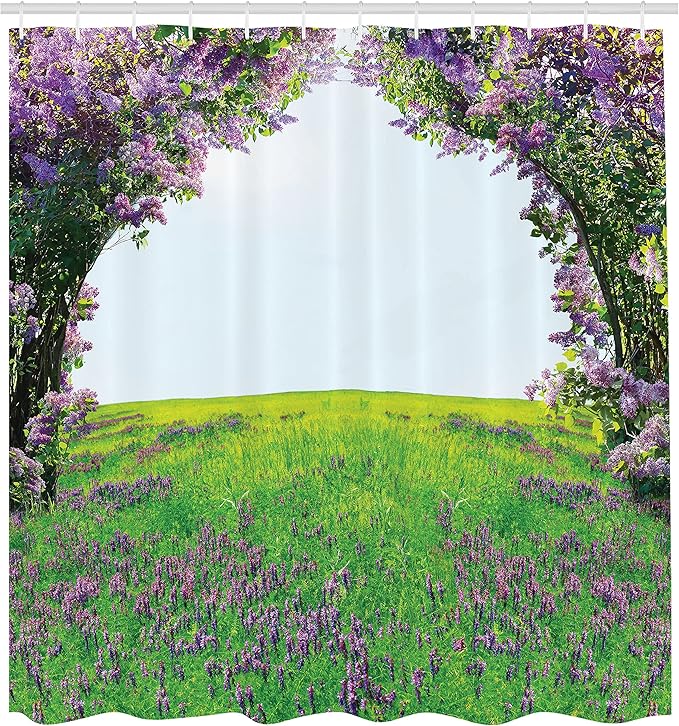 Ambesonne Magic Shower Curtain, Lavender Meadow with Lilac Flowers Tunnel Dreamy Inspirational Habitat Landscape, Cloth Fabric Bathroom Decor Set with Hooks, 69" W x 75" L, Lilac Green
