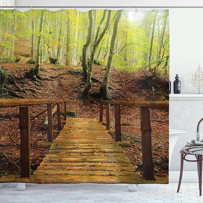 Ambesonne Landscape Shower Curtain, Weathered Old Wooden Bridge River to Footpath Birch Trees in Autumn, Cloth Fabric Bathroom Decor Set with Hooks, 69" W x 70" L, Brown Pale Green Peru