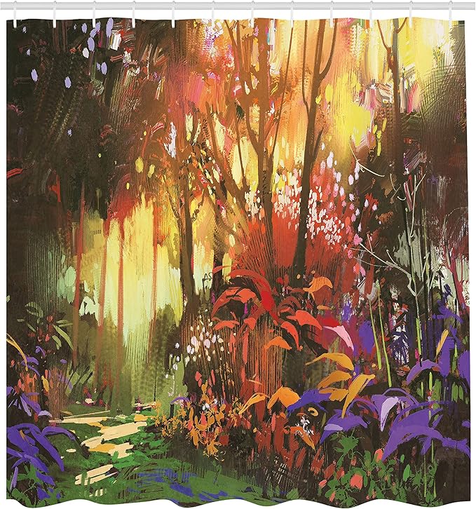 Ambesonne Fantasy Shower Curtain, Enchanted Forest Scenery with Sun Rays and Vibrant Leaves Ferns Woodland Design, Cloth Fabric Bathroom Decor Set with Hooks, 69" W x 70" L, Purple Burgundy