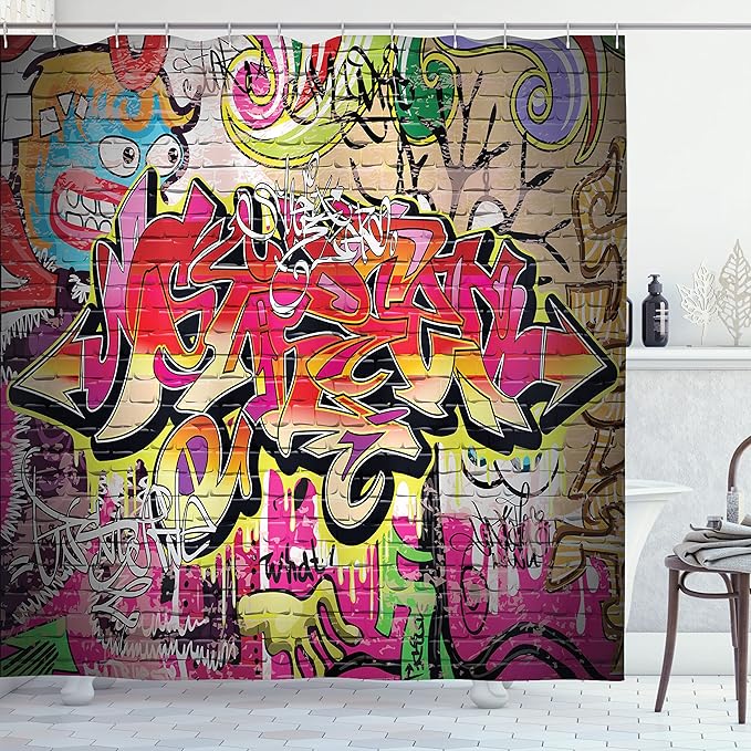 Ambesonne Brick Wall Shower Curtain, Graffiti on Wall Urban Street Art with Spray Paint Tagger Underground Theme, Cloth Fabric Bathroom Decor Set with Hooks, 69" W x 84" L, Soft Red
