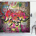 Ambesonne Brick Wall Shower Curtain, Graffiti on Wall Urban Street Art with Spray Paint Tagger Underground Theme, Cloth Fabric Bathroom Decor Set with Hooks, 69" W x 84" L, Soft Red