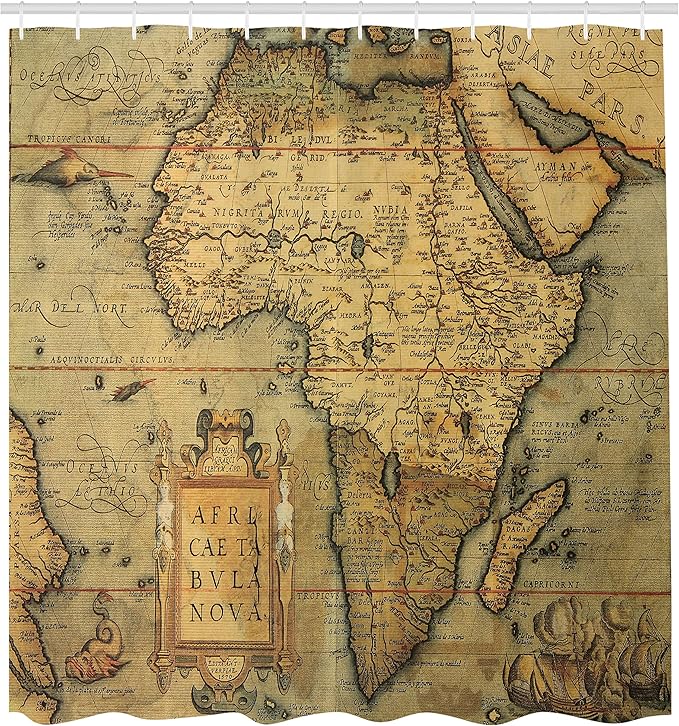 Ambesonne Map Print Shower Curtain, 16th Century Map of Africa Engraved by Cartographer Abraham Ortelius, Cloth Fabric Bathroom Decor Set with Hooks, 69" W x 70" L, Army Green Pale Brown
