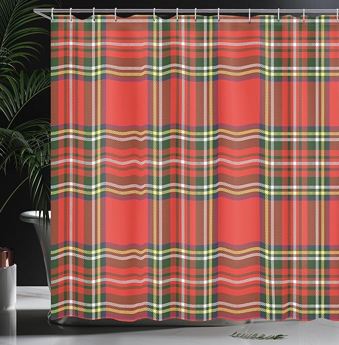 Ambesonne Plaid Shower Curtain, European Western Culture Inspired Abstract Irish Pattern Vintage Classical Design, Cloth Fabric Bathroom Decor Set with Hooks, 69" W x 75" L, Scarlet Grey