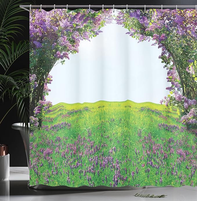 Ambesonne Magic Shower Curtain, Lavender Meadow with Lilac Flowers Tunnel Dreamy Inspirational Habitat Landscape, Cloth Fabric Bathroom Decor Set with Hooks, 69" W x 75" L, Lilac Green