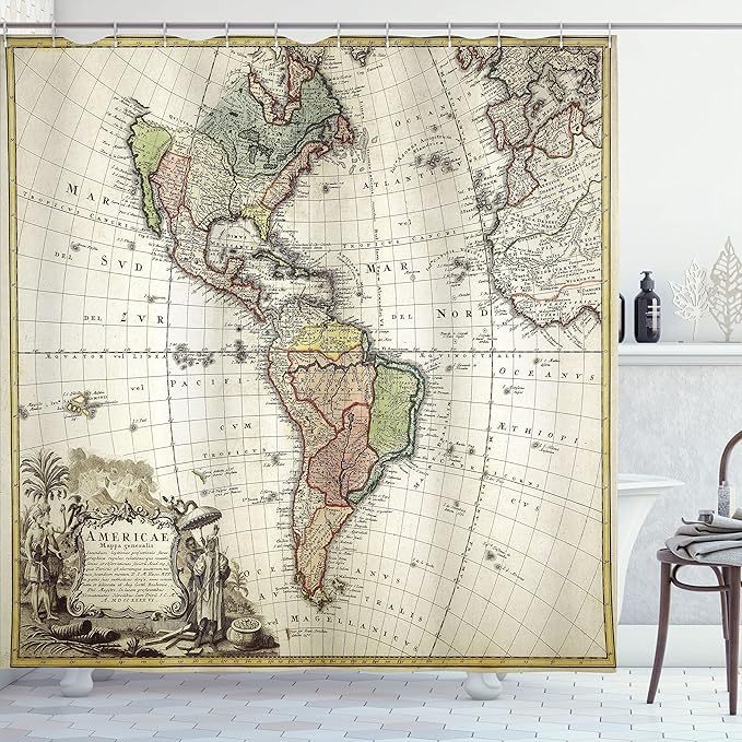 Ambesonne giftwrapShower Curtain, Old Map Europe North South America Canada Medieval Atlantic Heritage Travel, Cloth Fabric Bathroom Decor Set with Hooks, 69" W x 84" L, Ivory Olive