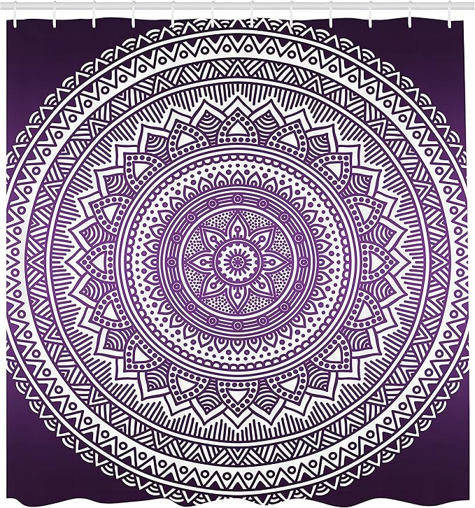 Ambesonne Purple Shower Curtain, Ombre Mandala Art Print Vibrant Floral Pattern Boho Hippie Inspired Design, Cloth Fabric Bathroom Decor Set with Hooks, 69" W x 84" L, Purple and White