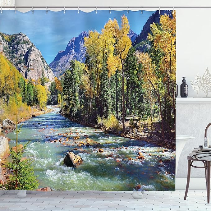 Ambesonne Landscape Shower Curtain, Mountains of Colorado with Forest and River Summer Foliage Idyllic Photo, Cloth Fabric Bathroom Decor Set with Hooks, 69" W x 84" L, Mustard Green Blue