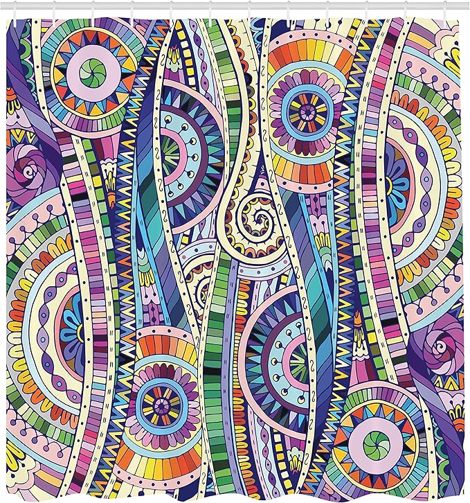 Ambesonne Floral Shower Curtain, Geometric Mosaic Style Colorful Illustration Flower Pattern Ornamental Doodle Art, Cloth Fabric Bathroom Decor Set with Hooks, 69" W x 70" L, Purple Green