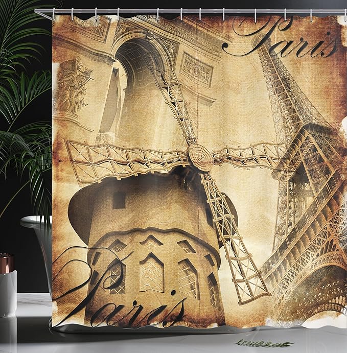 Ambesonne Eiffel Tower Shower Curtain, Parisian Architecture Monument Vacation Tourist Destination Vintage Style Art, Cloth Fabric Bathroom Decor Set with Hooks, 69" W x 70" L, Pale Brown