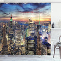 Ambesonne New York Shower Curtain, Skyline of NYC Urban Skyscrapers at Sunset Dawn Streets USA Architecture, Cloth Fabric Bathroom Decor Set with Hooks, 69" W x 75" L, Orange Blue