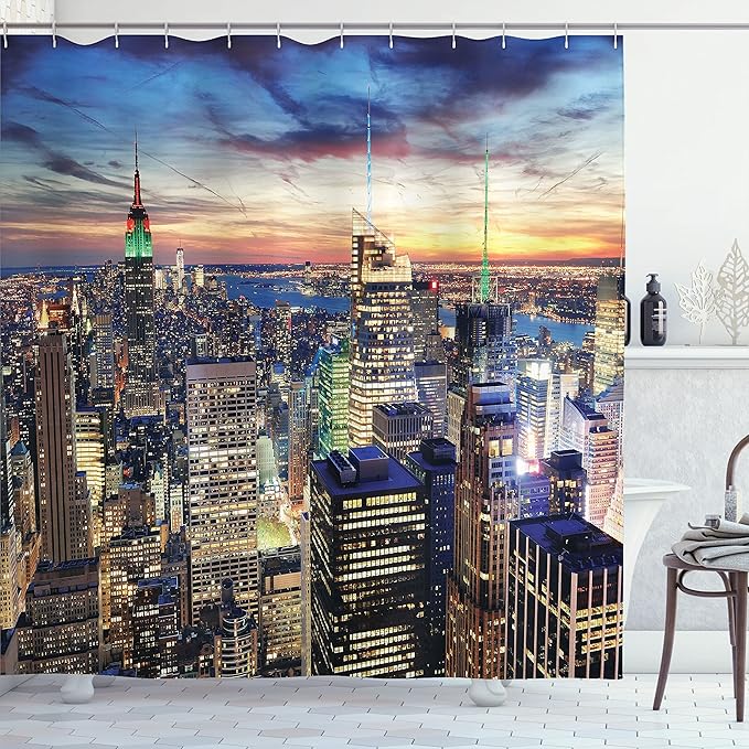 Ambesonne New York Shower Curtain, Skyline of NYC Urban Skyscrapers at Sunset Dawn Streets USA Architecture, Cloth Fabric Bathroom Decor Set with Hooks, 69" W x 75" L, Orange Blue