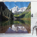 Ambesonne Landscape Shower Curtain, Snow Covered Maroon Bells in Autumn Trees Mountain Reflection Lake Scenery, Cloth Fabric Bathroom Decor Set with Hooks, 69" W x 84" L, Green Blue White