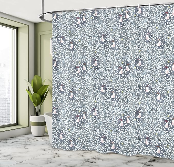 Ambesonne Winter Shower Curtain, Doodle Style Pattern with Bullfinch Birds with Xmas Hats and Snow, Cloth Fabric Bathroom Decor Set with Hooks, 69" W x 75" L, Bluegrey White