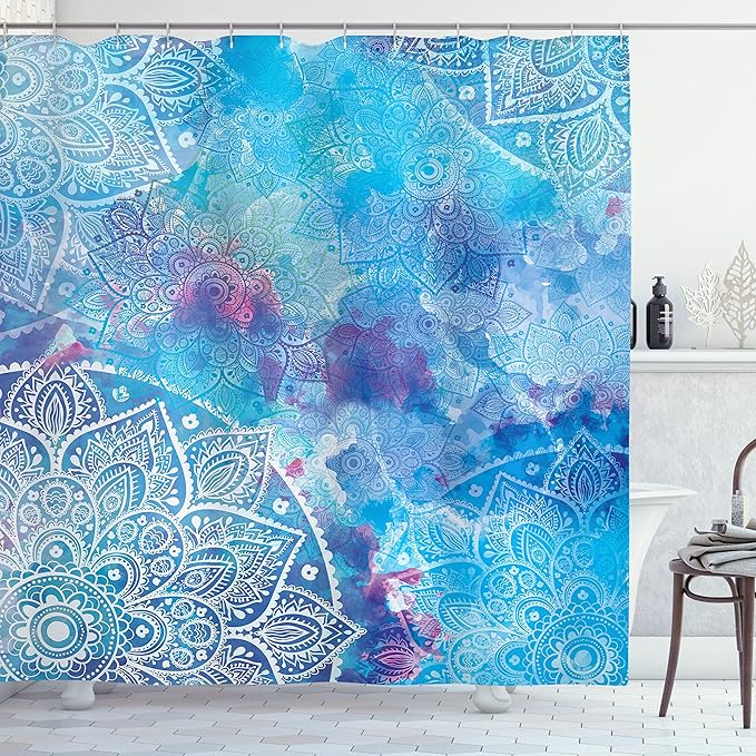 Batik Decor Shower Curtain by Ambesonne, Artistic Paisley Floral White Lace Mandala Watercolor Painting Artwork Print, Polyester Fabric Bathroom Set with Hooks, 69 X 70 Inches, Ombre Blue Purple Aqua