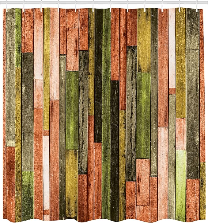 Ambesonne Wooden Print Shower Curtain, Brown Old Hardwood Floor Plank Grunge Lodge Garage Natural Rural Graphic, Cloth Fabric Bathroom Decor Set with Hooks, 69" W x 70" L, Burnt Orange