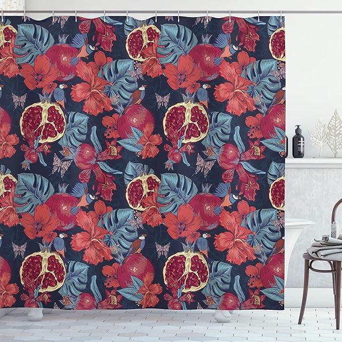 Ambesonne Hawaiian Shower Curtain, Fruit Flowers Butterfly and Birds Pomegranate Vintage Organic Jungle, Cloth Fabric Bathroom Decor Set with Hooks, 69" W x 70" L, Ruby Maroon Dark Blue