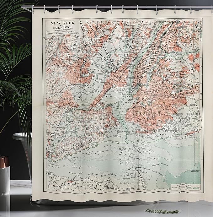 Ambesonne NYC Shower Curtain, New York Old Map from End of 19th Century History Historical Antiques, Cloth Fabric Bathroom Decor Set with Hooks, 69" W x 84" L, Turquoise Beige