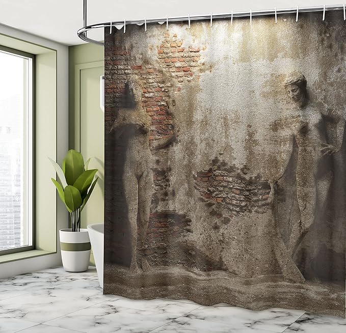 Ambesonne Retro Shower Curtain, Antique Women on Concrete Cement Wall Damaged History Interior, Cloth Fabric Bathroom Decor Set with Hooks, 69" W x 84" L, Orange Beige