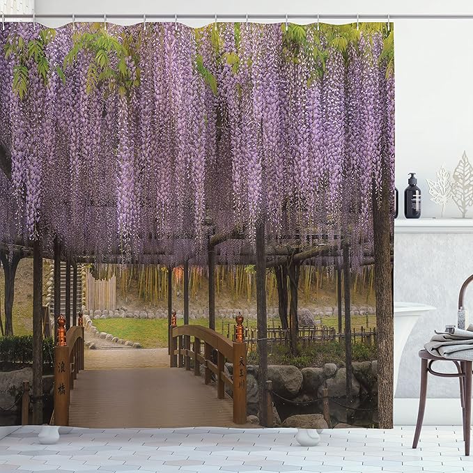 Ambesonne Japanese Shower Curtain, Lilac Flowers Hanging Down from Terrace Top to Bottom Field Paradise Scenery, Cloth Fabric Bathroom Decor Set with Hooks, 69" W x 70" L, Purple Brown
