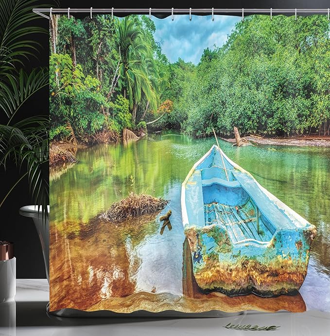 Ambesonne Landscape Shower Curtain, Old Boat in Tropical River in National Park of Costa Rica Nature Photo, Cloth Fabric Bathroom Decor Set with Hooks, 69" W x 70" L, Green Brown