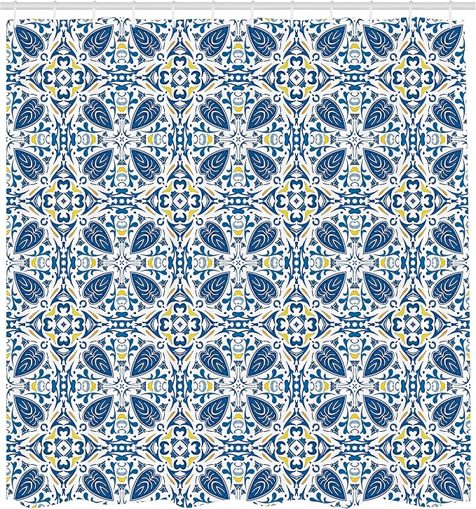 Ambesonne Yellow and Blue Shower Curtain, Portuguese Traditional Tiles Abstract Mosaic Floral Swirl Motifs, Cloth Fabric Bathroom Decor Set with Hooks, 69" W x 75" L, Orange Yellow