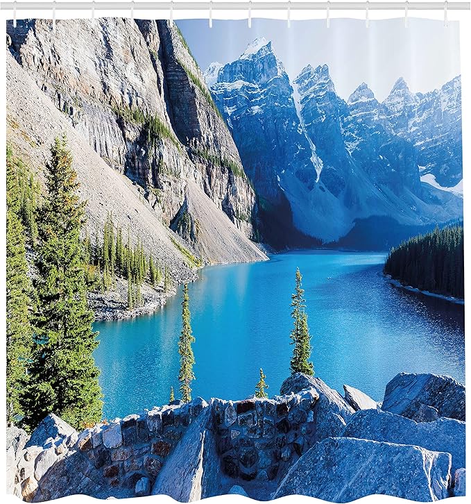 Ambesonne Nature Shower Curtain, Moraine Lake Banff National Park of Canada with Mountains and Pines Valley of The 10 Peaks Artwork, Cloth Fabric Bathroom Set with Hooks, 69" W x 75" L, Green Grey