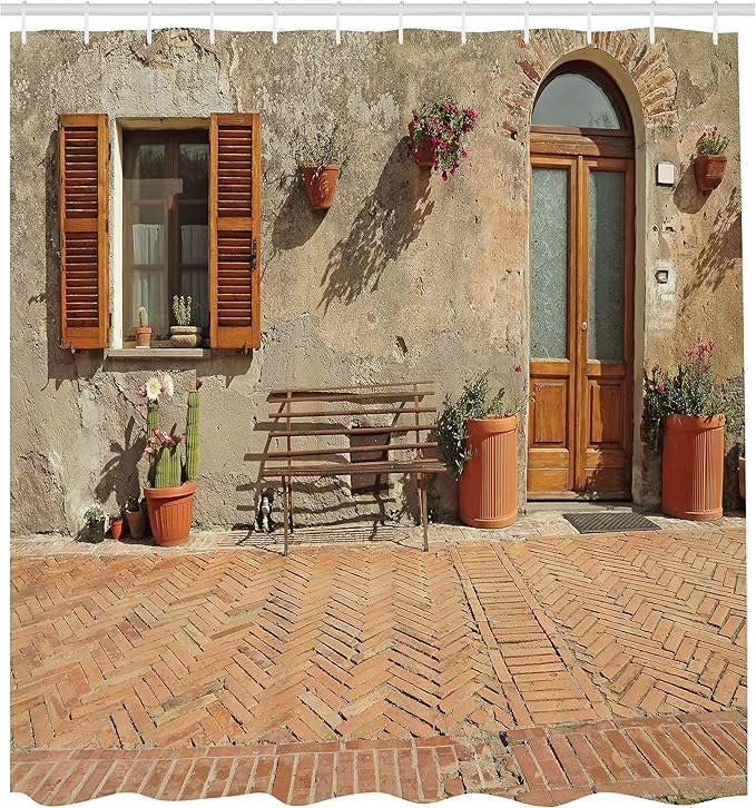 Ambesonne Tuscan Shower Curtain, Medieval Facade Rustic Wooden Door Brick Wall in Small Village, Cloth Fabric Bathroom Decor Set with Hooks, 69" W x 75" L, Cinnamon Tan